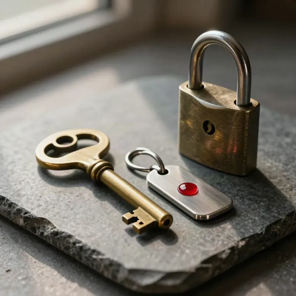 Brass vault key, metal token fob, and lock cylinder on graphite stone in soft light