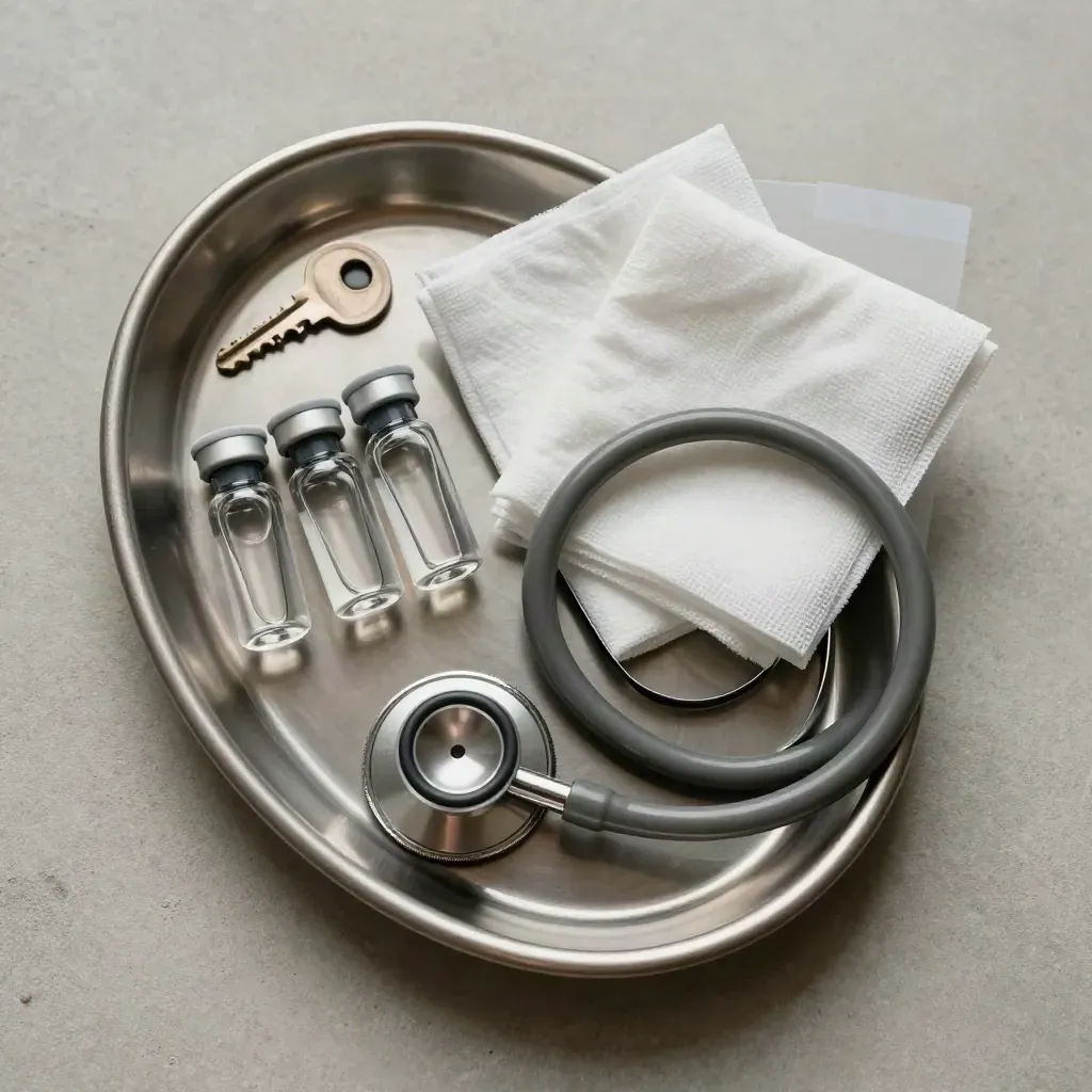 Overhead hospital prep kit with kidney tray, sample vials, gauze, and a coiled stethoscope on pale concrete.