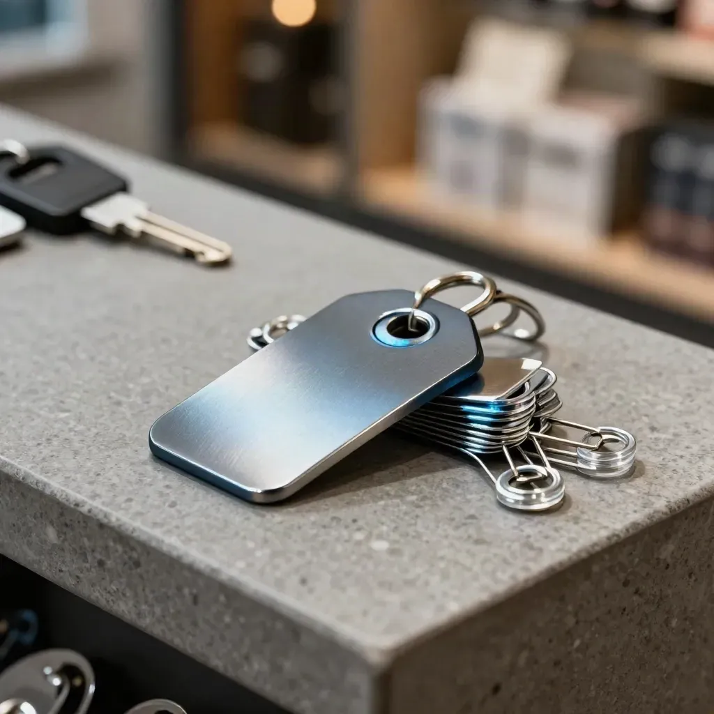 Retail anti-theft tags, detacher puck, and clear pins on brushed stone with cool blue light