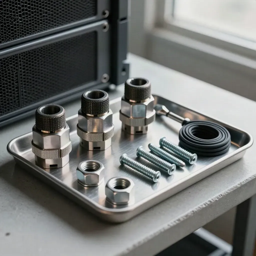 Machined cable glands, RJ45 connectors, and a hex driver on a brushed metal maintenance tray.