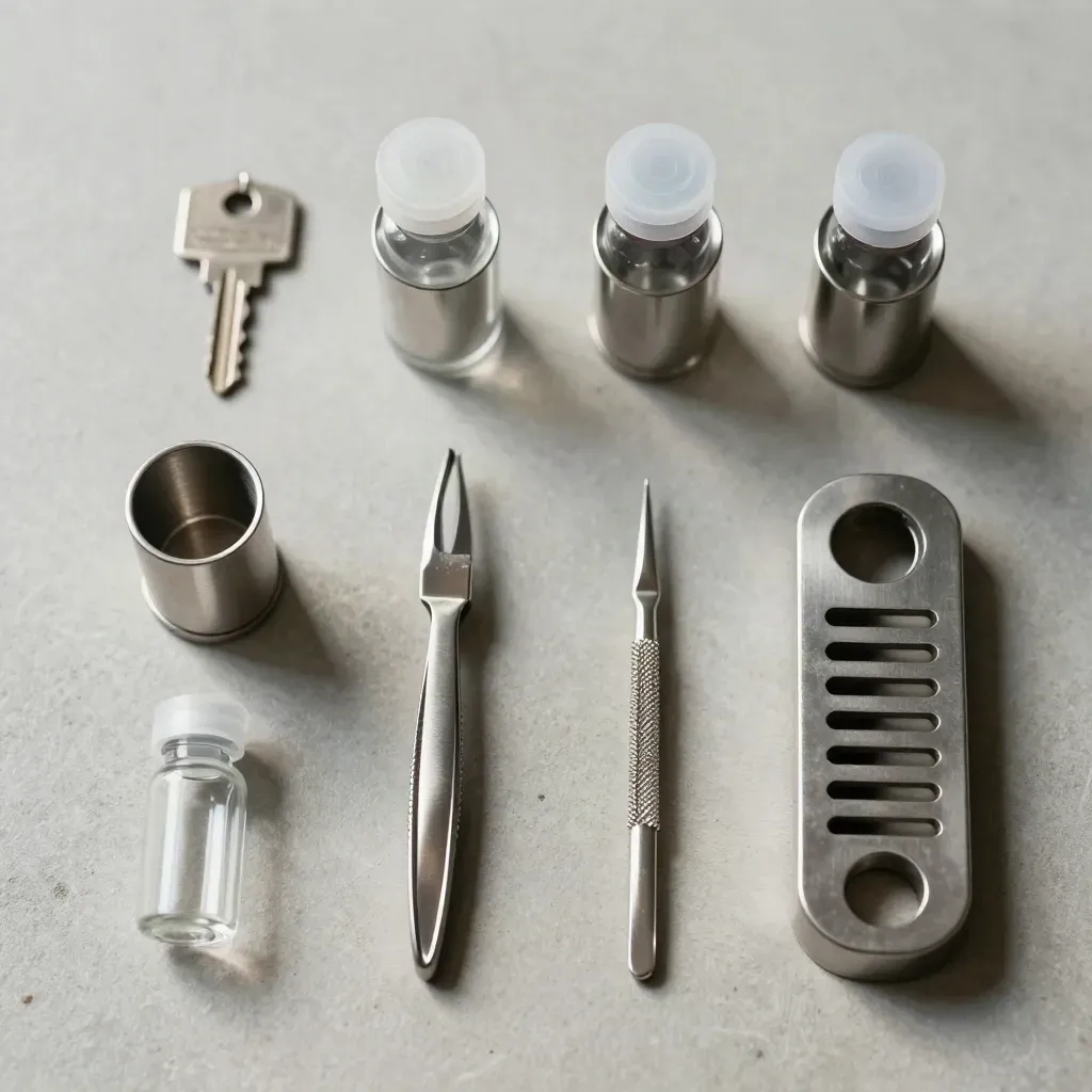 Top-down lab still life with vials, forceps, and a centrifuge rack on pale concrete.