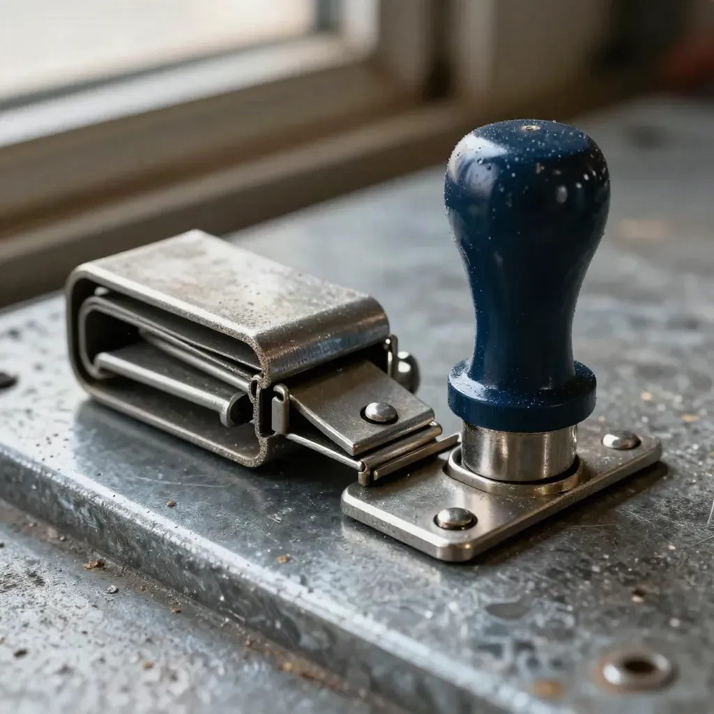 Freight depot seal, pallet wrap cutter, latch plate and cargo marker on galvanized steel.