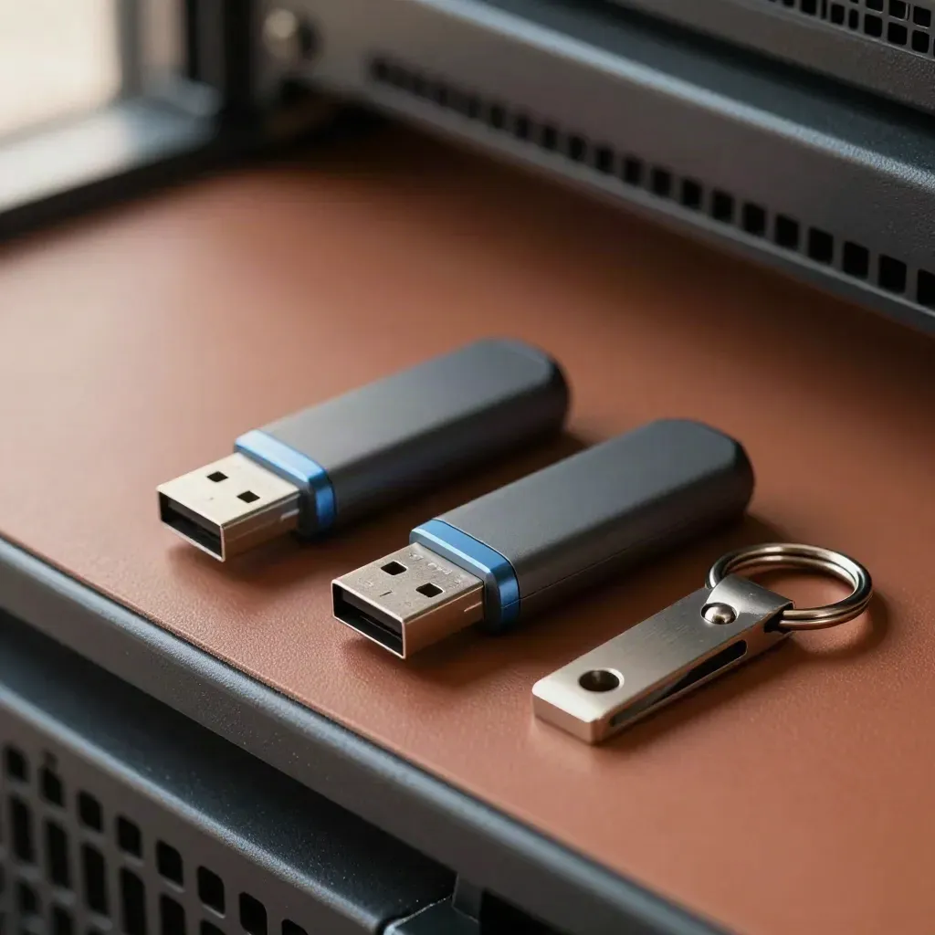Two firmware update USB sticks, spacer and cable clip on a terracotta server mat.