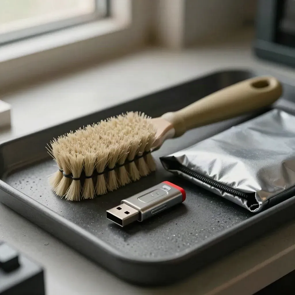 Anti-static brush, forensic USB adapter and sealed drive sleeve on a graphite service shelf.