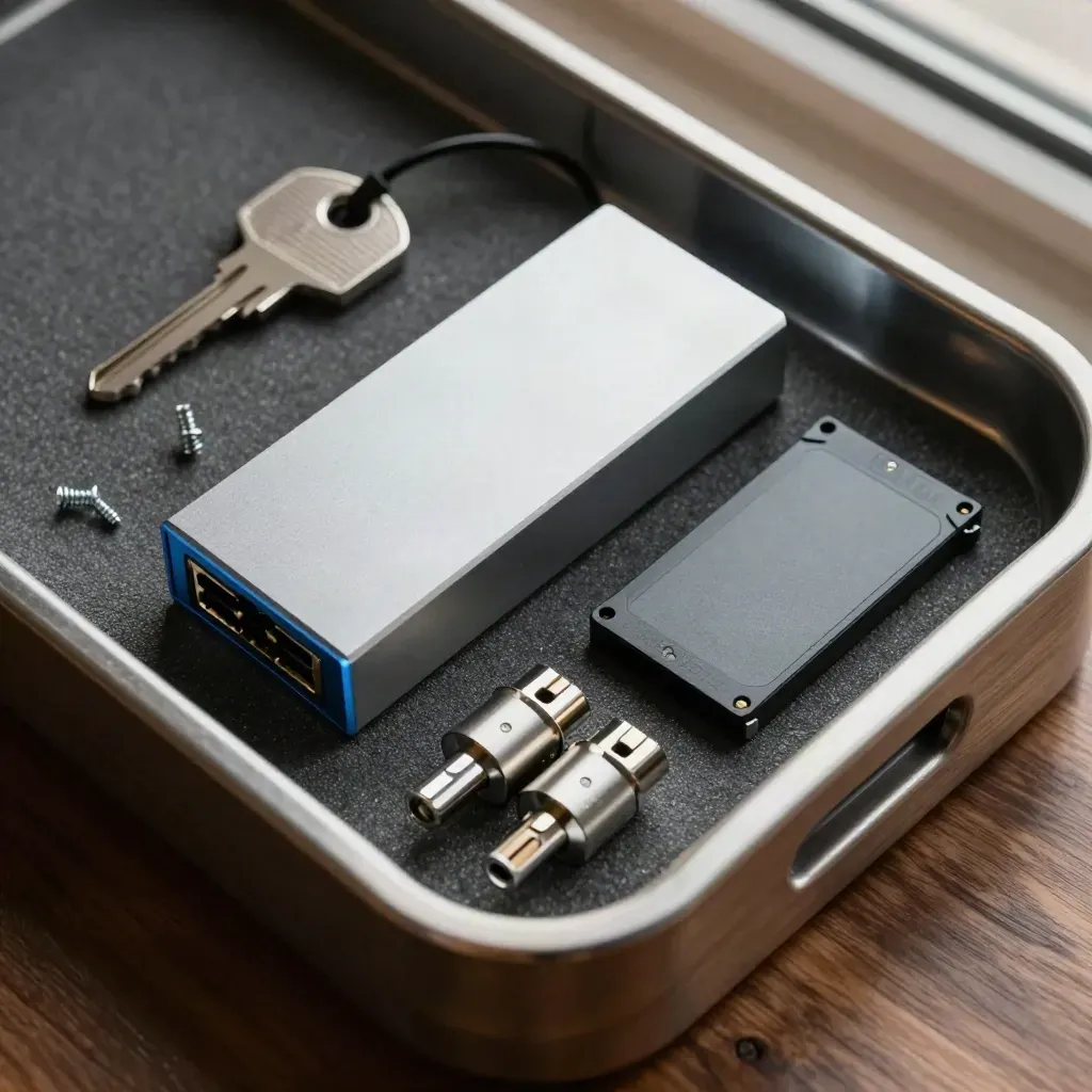 Overhead macro of a write-blocker dongle, port plugs, security screws and sealed SSD on a tray.