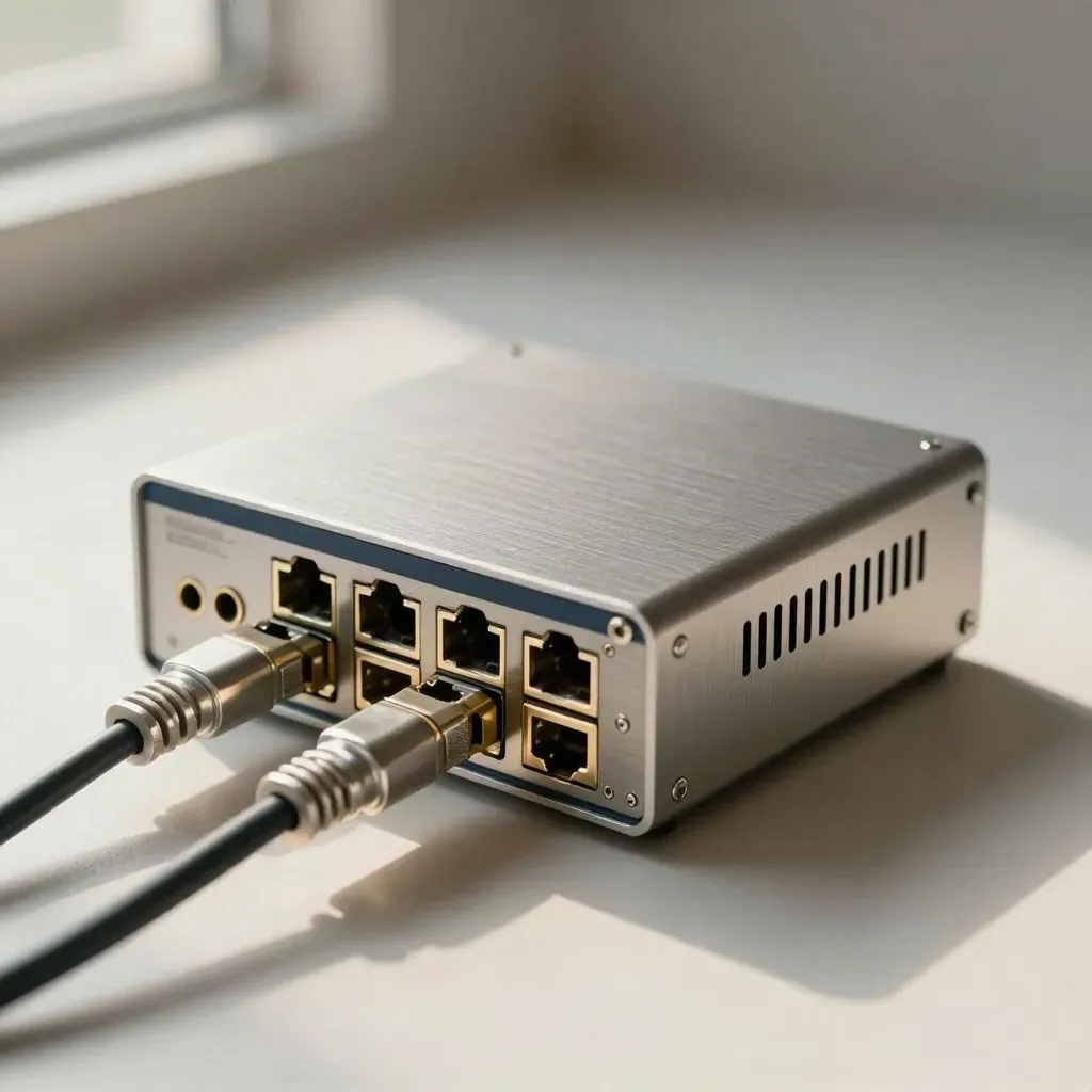 Firewall appliance with patch leads and brass ferrules on brushed metal in soft daylight