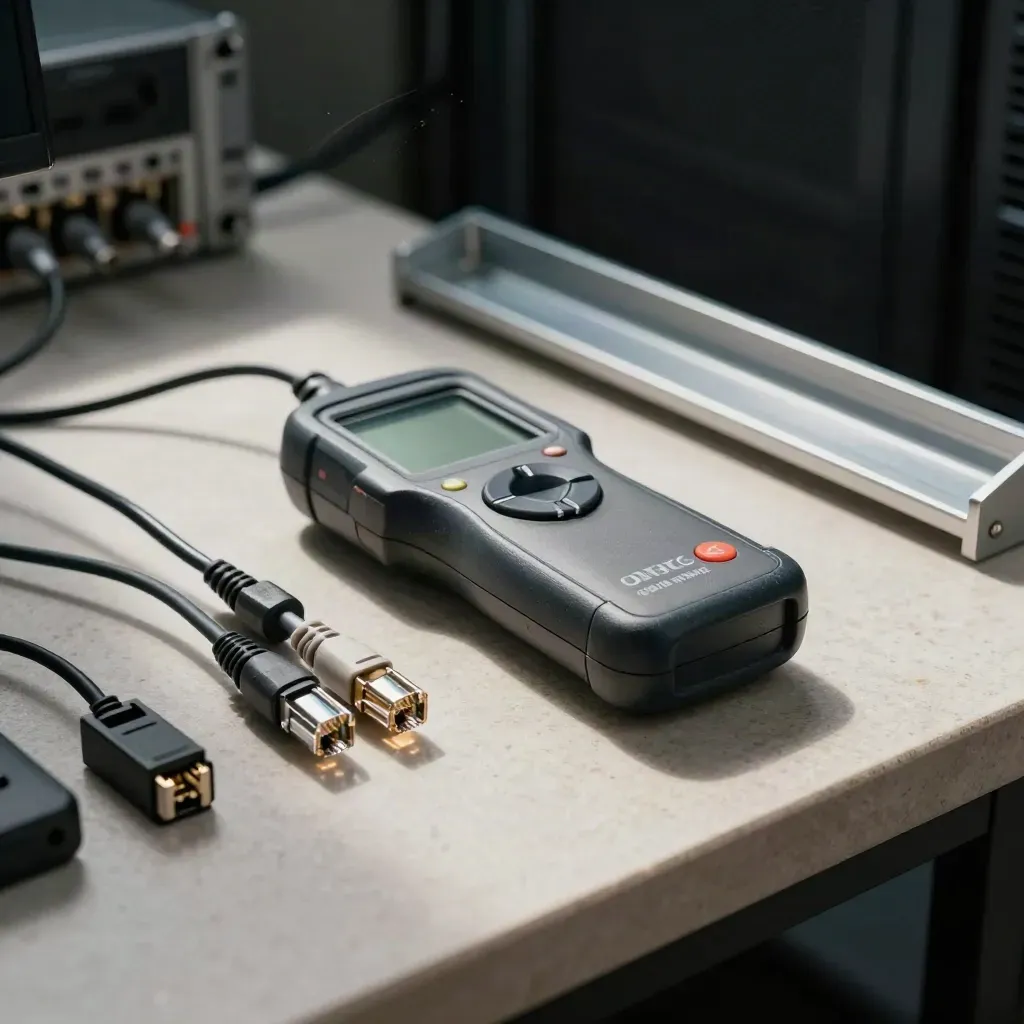 Top-down view of a network cable certifier, RJ45 loopback plugs, and adapter block on a concrete bench.