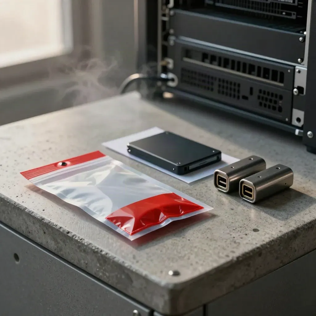 Tamper-evident pouch, sealed SSD and port blockers on concrete with a red seal accent.