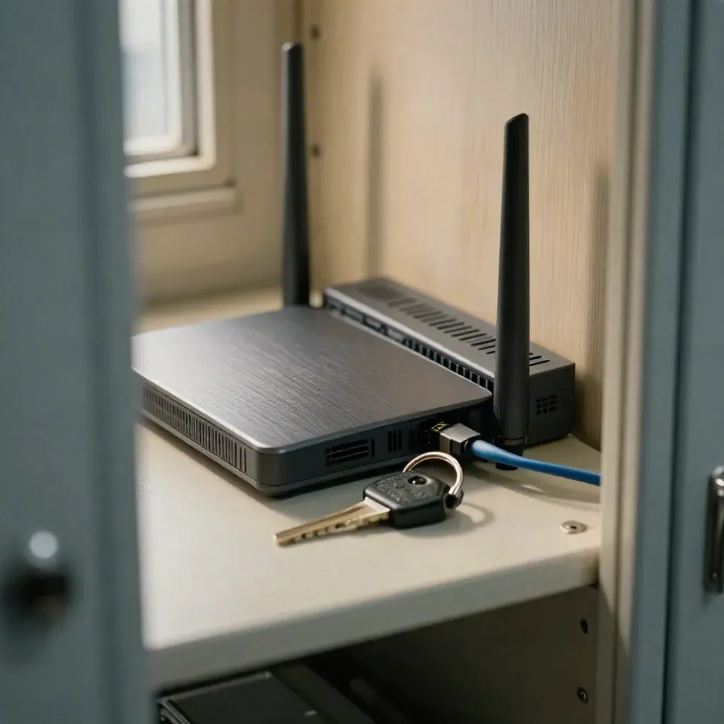 Router, backup drive, UPS module and key fob on a utility shelf, seen through a blurred doorway edge.
