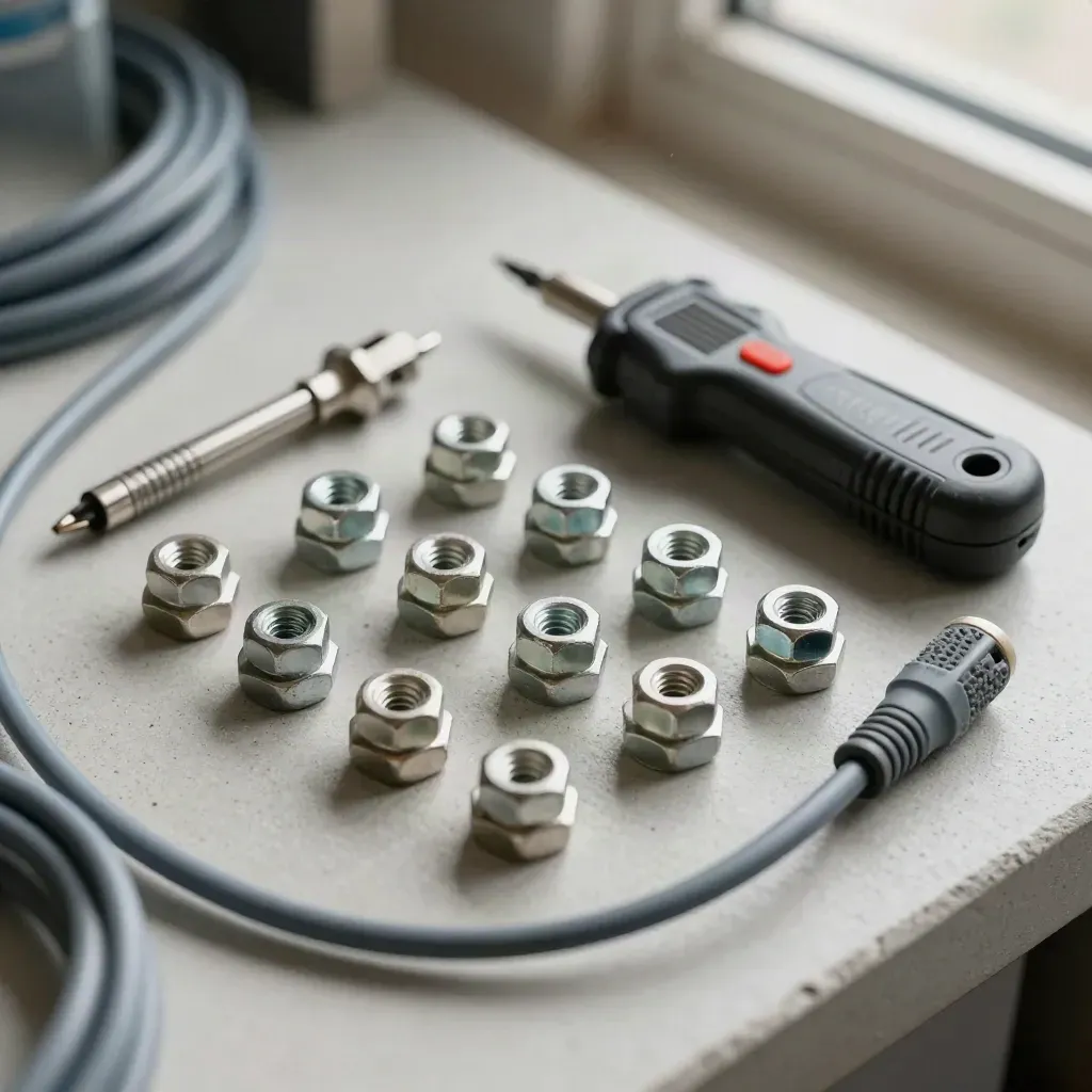 Macro flat lay of cage nuts, a Torx driver, cable tester, and patch leads on pale concrete.