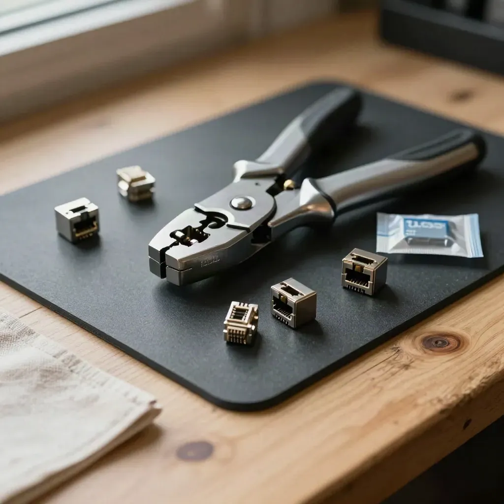 ESD mat, crimp tool, RJ45 boots and sealed dongle on a helpdesk workbench.