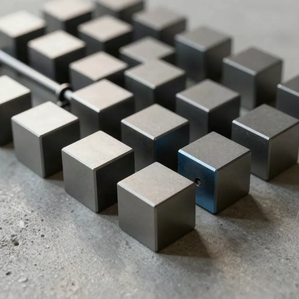 Graphite cubes, a metal rail, and snap connectors arranged in a precise grid on cool concrete.
