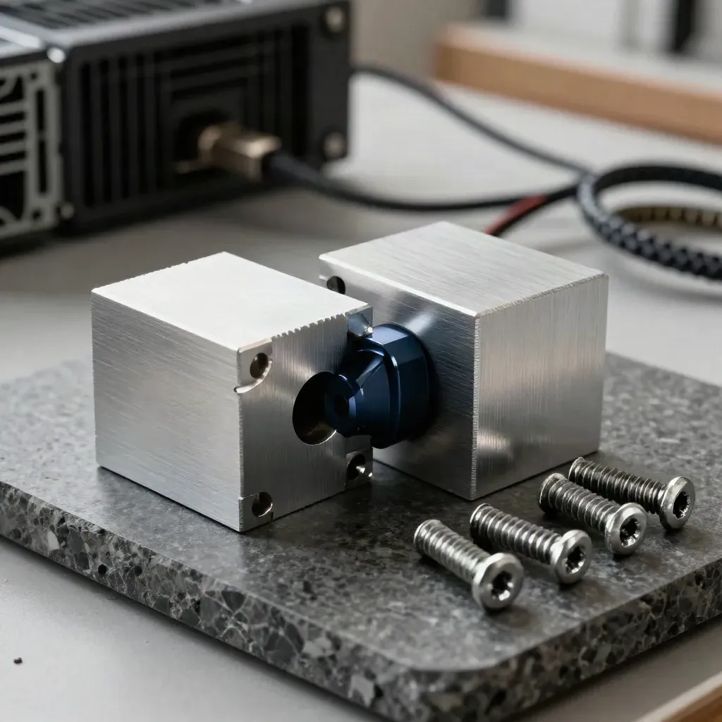 Aluminum blocks, spacer, and screws on limestone with hard upper-left light.