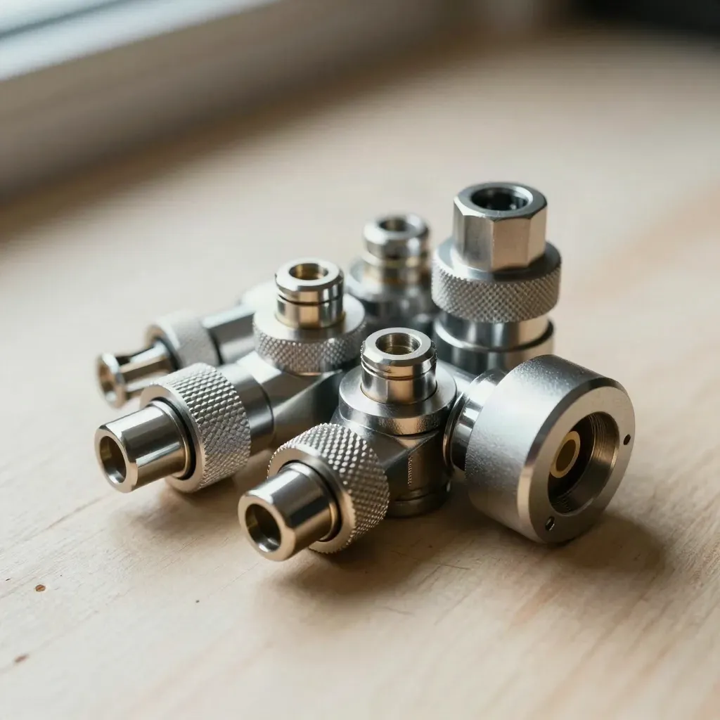 Precision cable connectors and a brushed metal hub collar on pale wood in soft light.